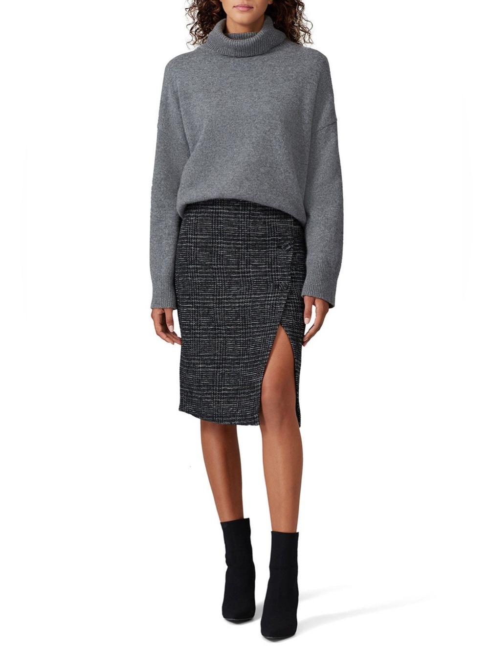 Club Monaco Black Grey Cutaway Asymmetric Pencil Skirt Wool Blend Tweed, size 8